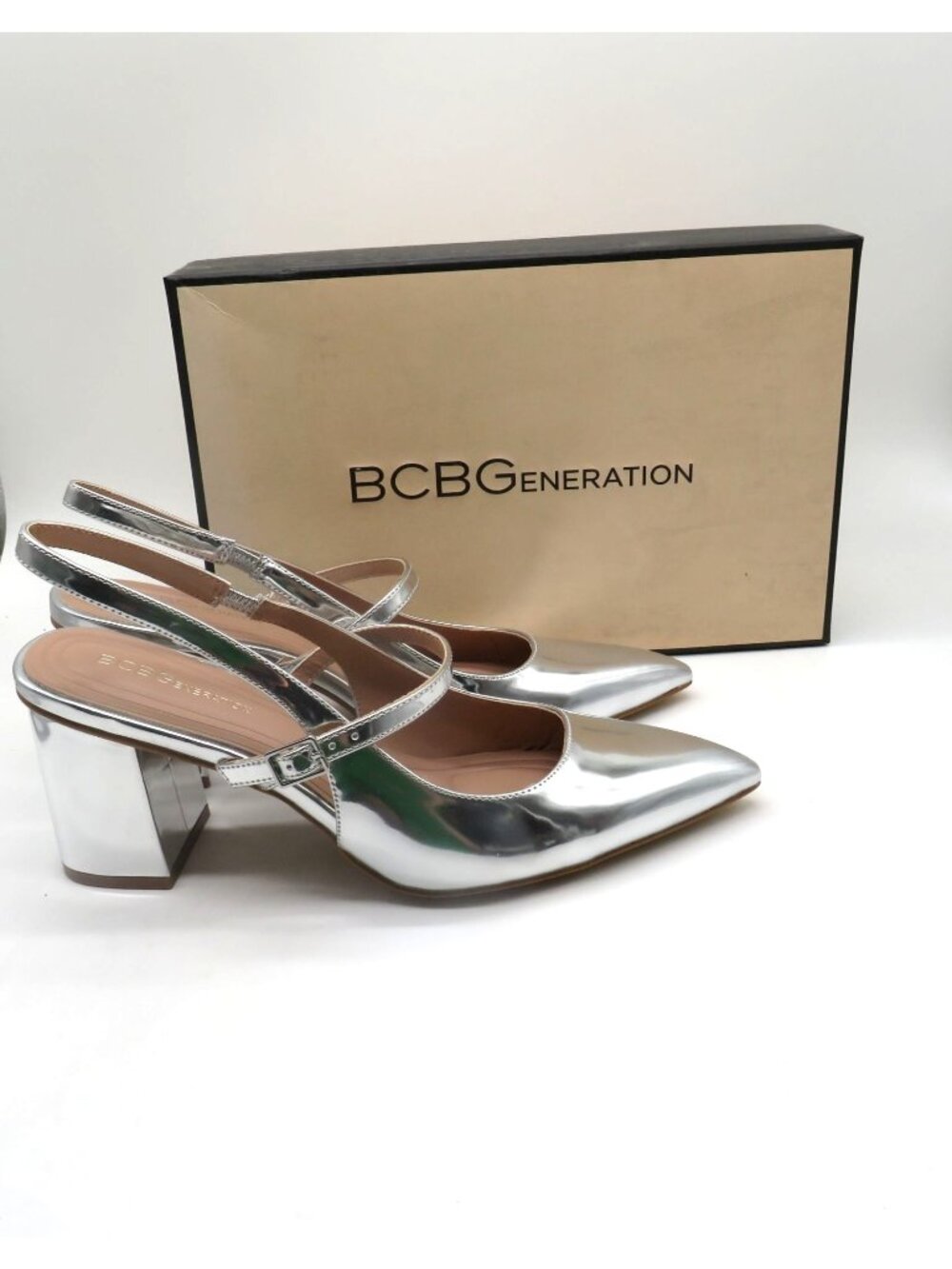 BCBGeneration Silver Block Heel Slingback Pumps Size 9.5M Pointed Toe NEW